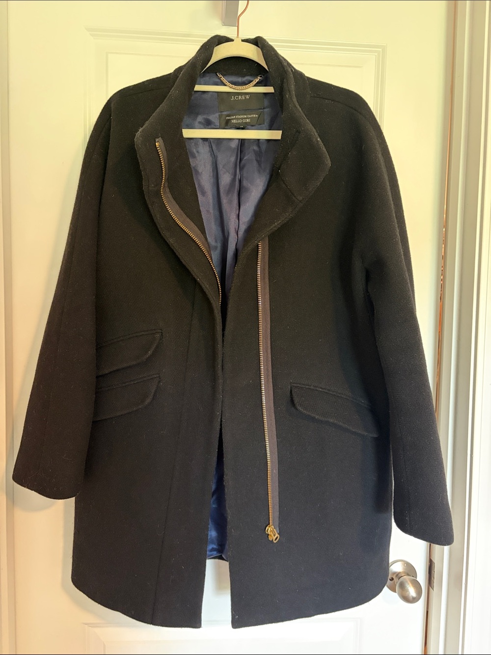 J. Crew Black Italian Stadium Cloth Wool Blend Cocoon Coat with Gold Zipper